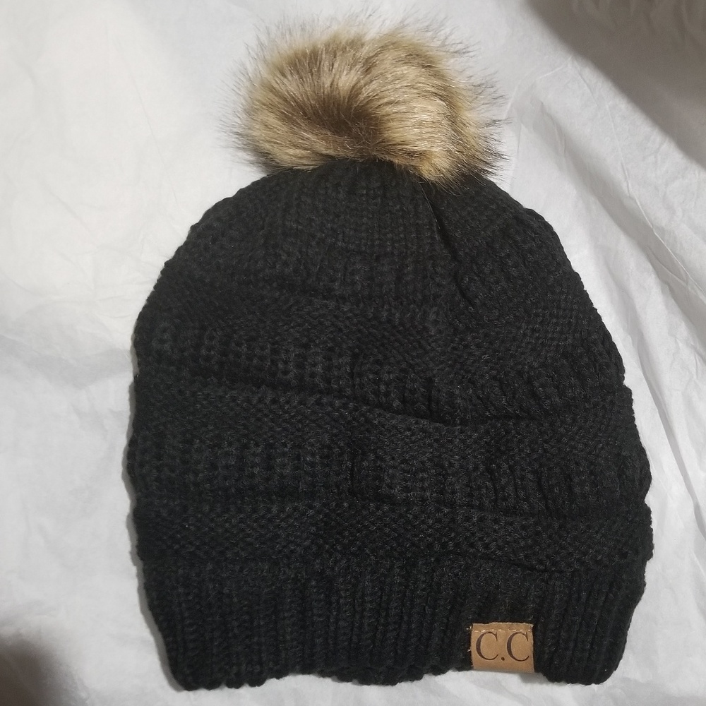 Black C.C Beanie Adult Size Beanie with Pom P
